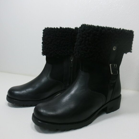 UGG Shoes - UGG Australia Black Bellevue 1914 Leather Shearling Zip Fold Over Moto Boots 7
